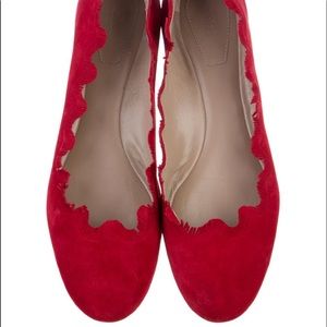 CHLOÉ Red Suede “Lauren” Ballet Flat with Fringe Trim and Tonal Stitching